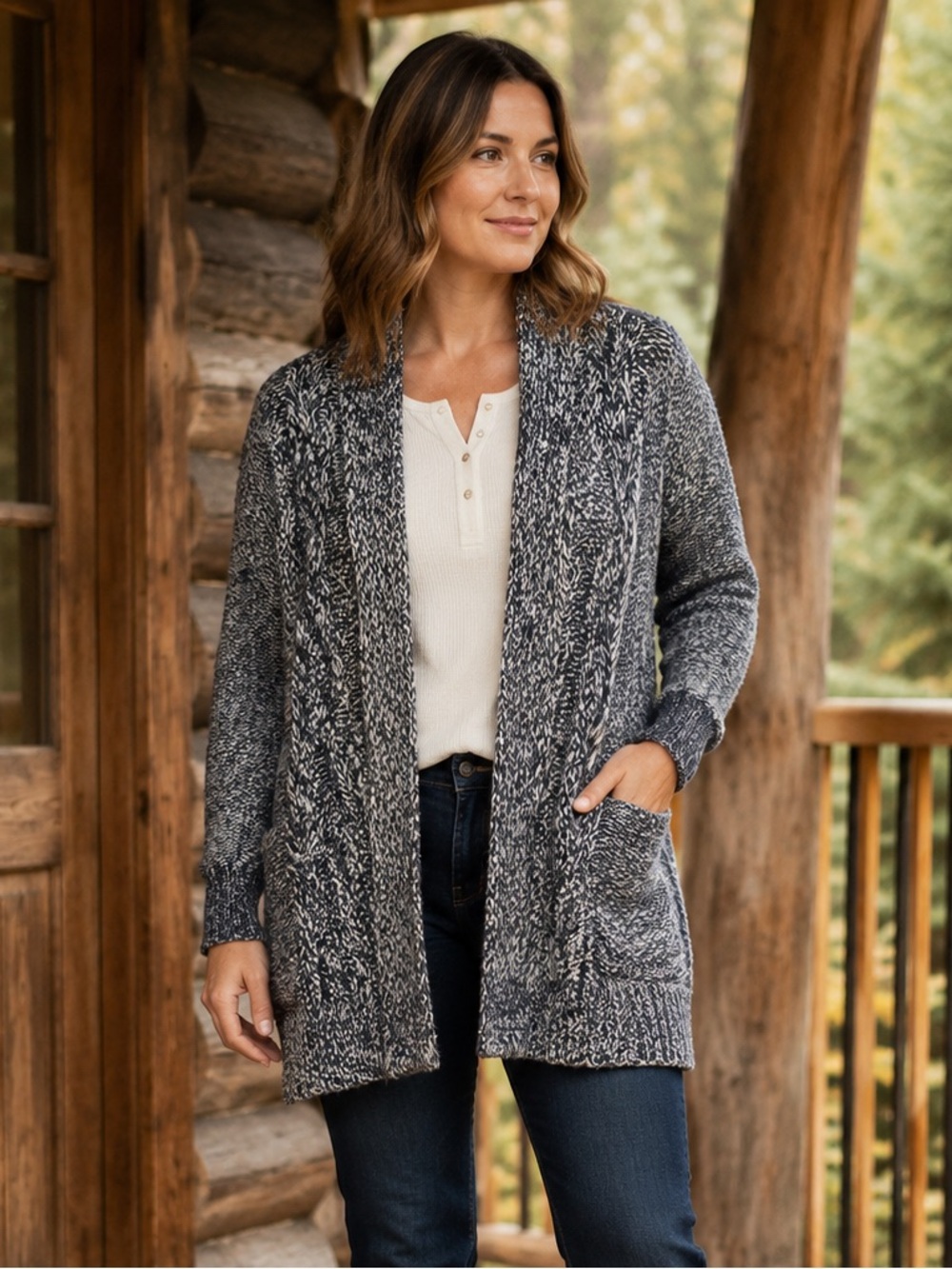 Cabincore Marled Cable Knit Cardigan Lands’ End Cotton M